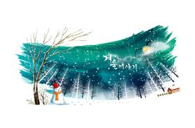 雪天圣诞场景的唯美可爱水彩插画