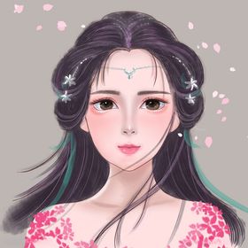 古风长发美女樱花飘扬插画素材