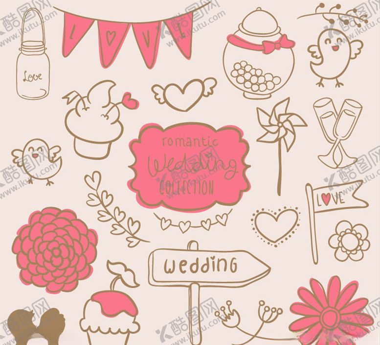 编号：55446509232238094537【酷图网】源文件下载-手绘婚礼装饰元素矢量素材