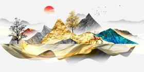 新中式金色山水山峰麋鹿装饰画
