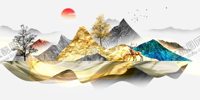 编号：67542407070247558347【酷图网】源文件下载-新中式金色山水山峰麋鹿装饰画