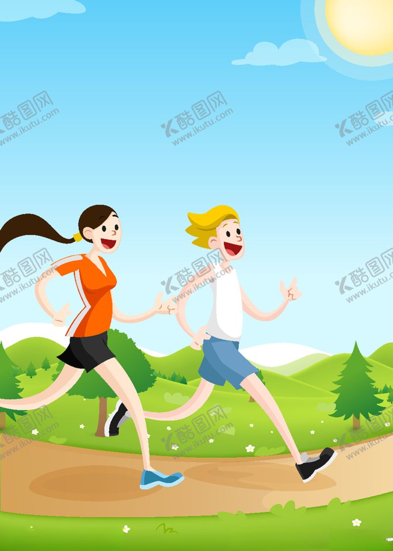 编号：42892210100033377340【酷图网】源文件下载-卡通跑步草地天空池塘背景