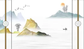 新中式背景山水大理石纹树麋鹿