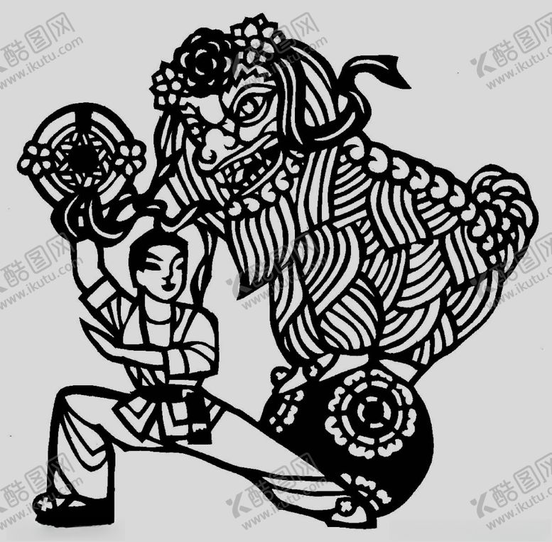 编号：69173610192242188064【酷图网】源文件下载-狮子滚绣球剪纸