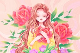 唯美长发女生抱着花插画