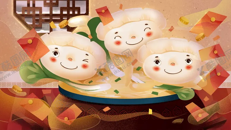 编号：93094304211426391882【酷图网】源文件下载-卡通饺子贺新春画面
