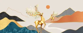 客厅三联灯带画晶瓷画新中式装饰画