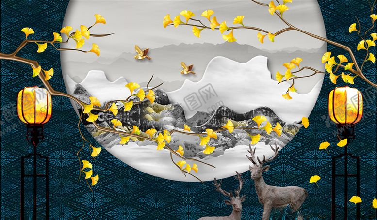 编号：10216505181520056107【酷图网】源文件下载-花鸟画银杏树鹿背景墙