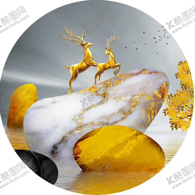 编号：28901201170424394609【酷图网】源文件下载-轻奢麋鹿石头圆形挂画装饰画