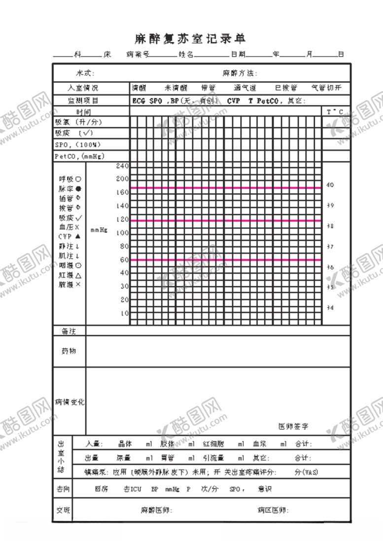 编号：22421009260214204024【酷图网】源文件下载-麻醉复苏室记录单