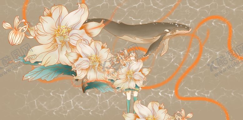 编号：44221805141828213147【酷图网】源文件下载-鲸鱼花朵人物复古插画卡通素材