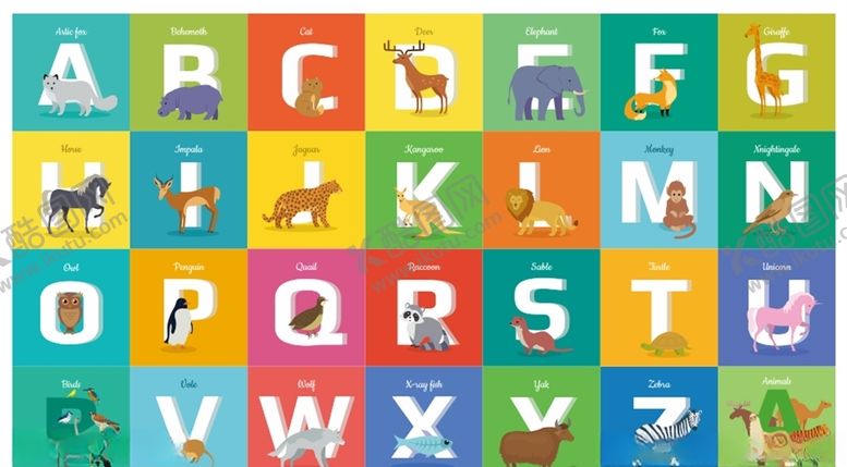 编号：13284509140331117185【酷图网】源文件下载-26个字母动物单词