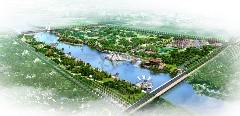 编号：89158404161355093509【酷图网】源文件下载-河滨水公园建筑鸟瞰效果图