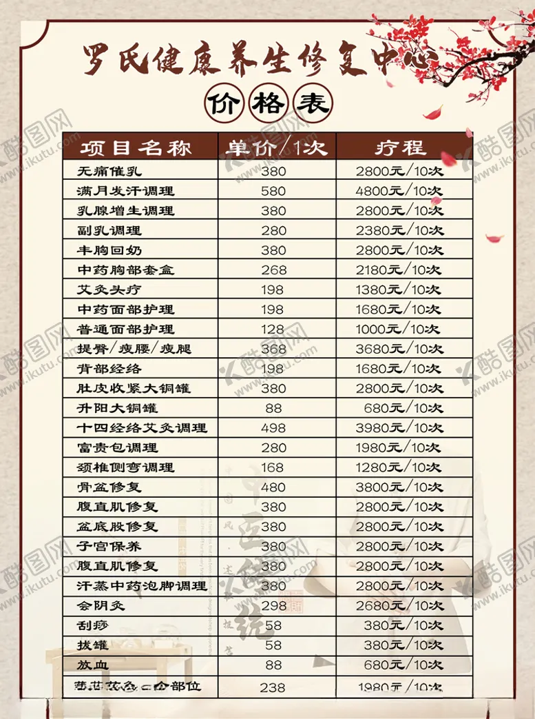 编号：89966904060309316307【酷图网】源文件下载-养生价目表