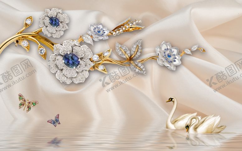 编号：75136409290728169319【酷图网】源文件下载-立体珠宝天鹅背景墙