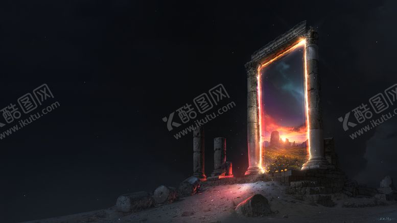 编号：59286007081446537569【酷图网】源文件下载-废墟石门彩色插画风景