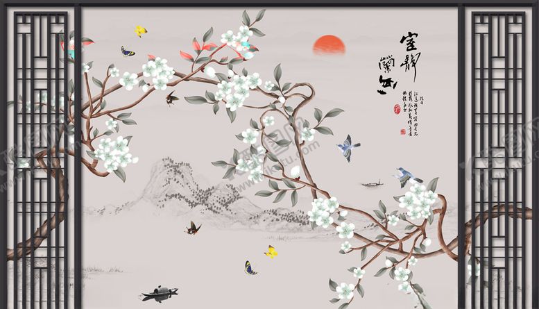 编号：26354203271036267162【酷图网】源文件下载-花鸟画小船太阳背景墙