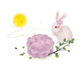 中秋插画可爱卡通兔子免扣月饼海报图案
