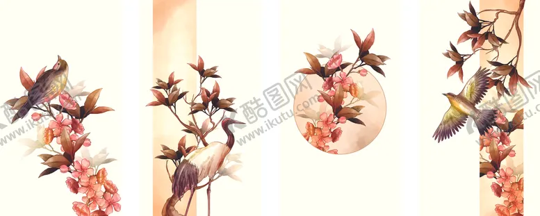 编号：31630410070210175166【酷图网】源文件下载-中式花鸟装饰画四幅