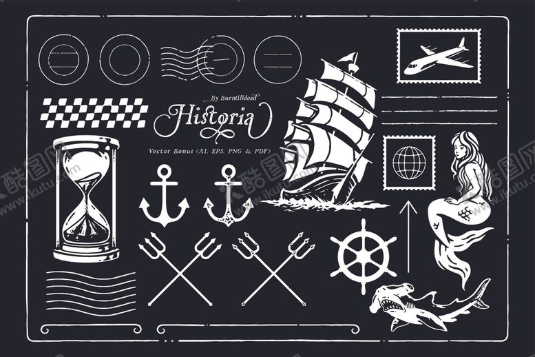 编号：39401209221227381918【酷图网】源文件下载-手绘黑白航行海洋邮票