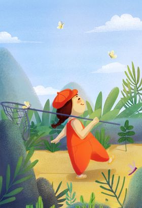 夏天扑蝶女孩插画