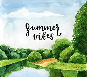 水彩绘夏季湖边风景
