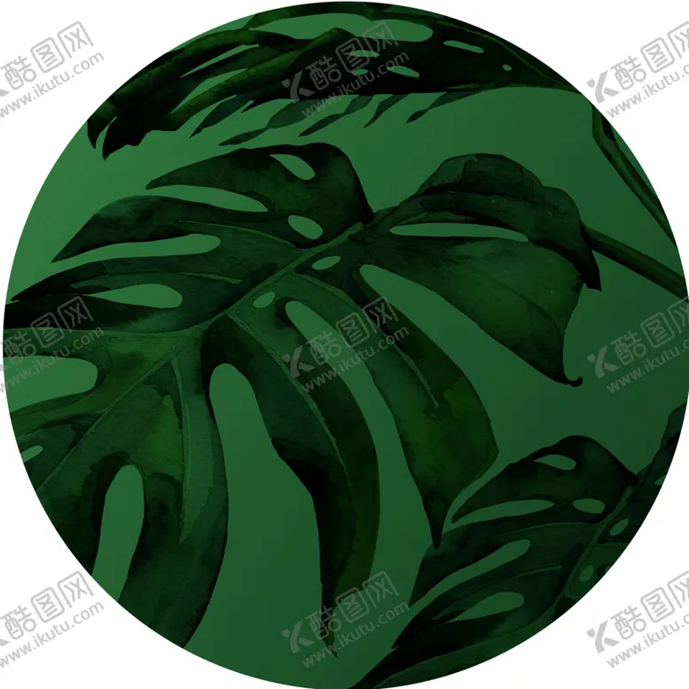 编号：22329412080156084268【酷图网】源文件下载-水彩绿叶时尚圆形挂画装饰画