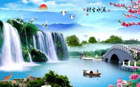流水生财玉雕山画客厅墙画餐桌面