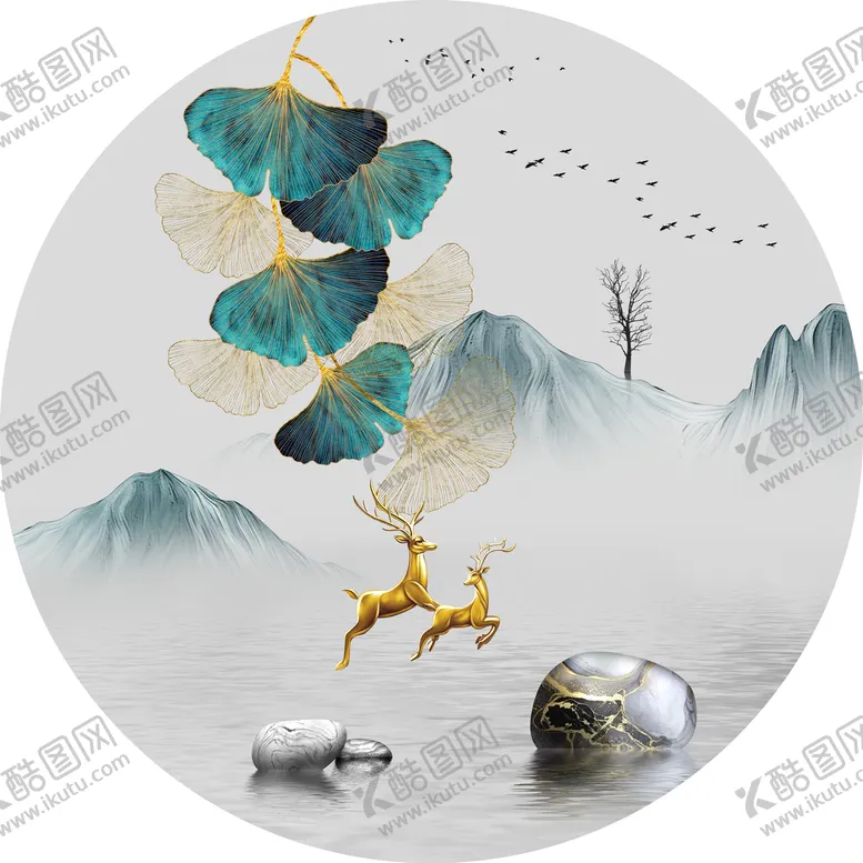 编号：61790309220349576902【酷图网】源文件下载-金色麋鹿发财鹿装饰画