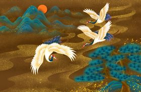 中国风插画山水波纹现代手绘