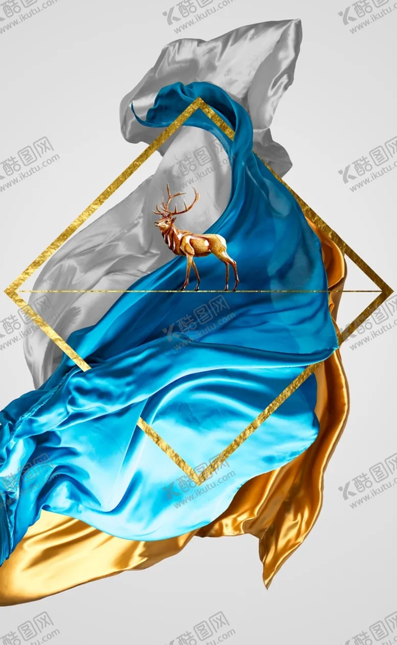 编号：37052909221857572304【酷图网】源文件下载-中式飘带金色麋鹿装饰画