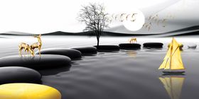 黑白山水石来运转床头装饰画