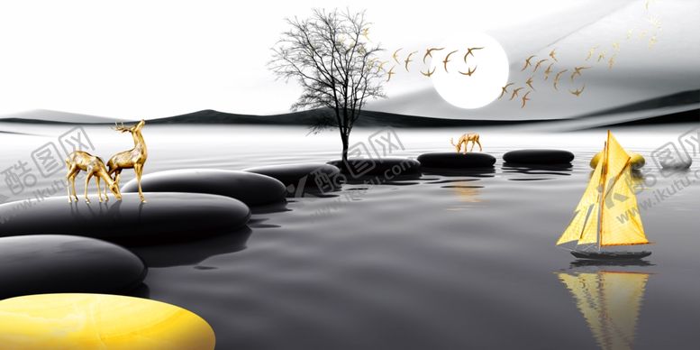 编号：65625309222235163606【酷图网】源文件下载-黑白山水石来运转床头装饰画