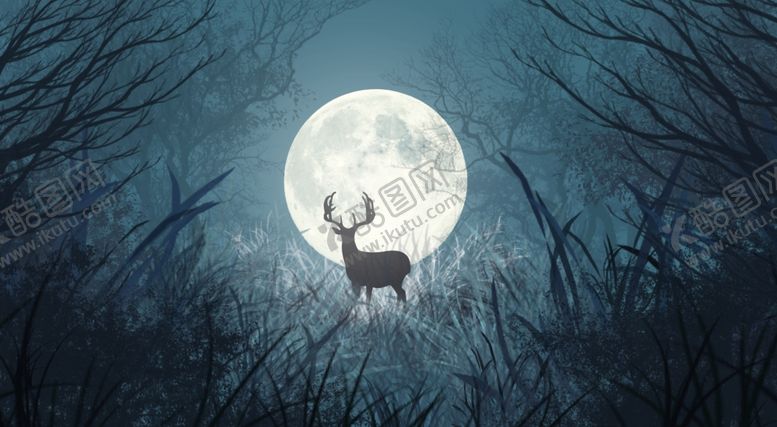 编号：55952905092031346457【酷图网】源文件下载-黑夜月亮小鹿插画卡通背景素材