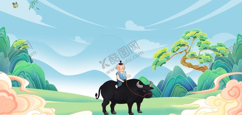 编号：86624804011612001917【酷图网】源文件下载-清明节牧童绿色国潮节日背景