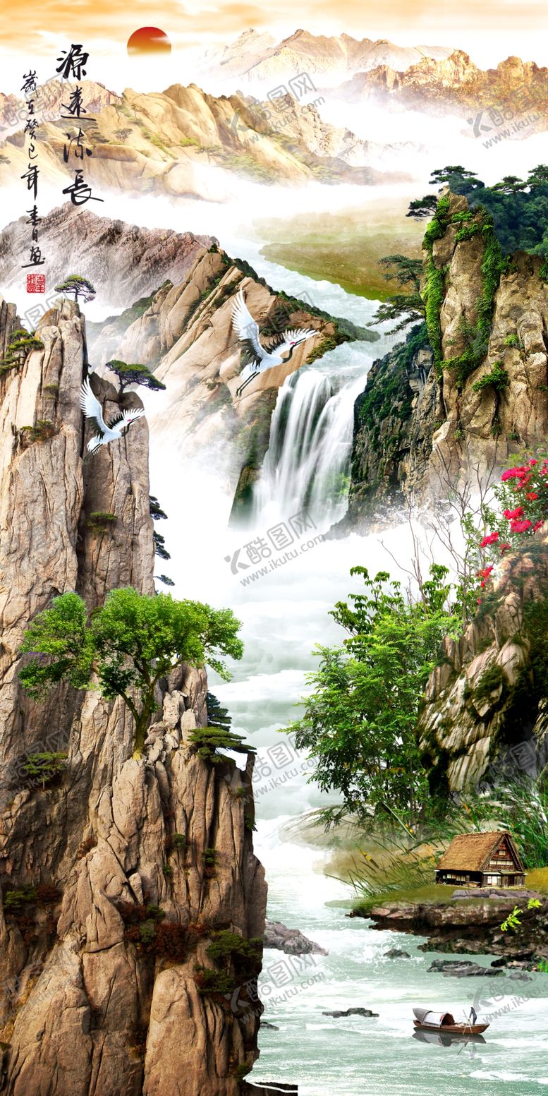 流水生财玄关画高山和气抽象简约背景