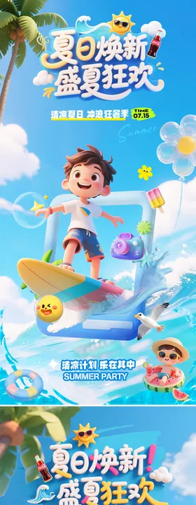 夏日冲浪卡通海报