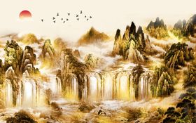 新中式金箔山水风景意境背景墙