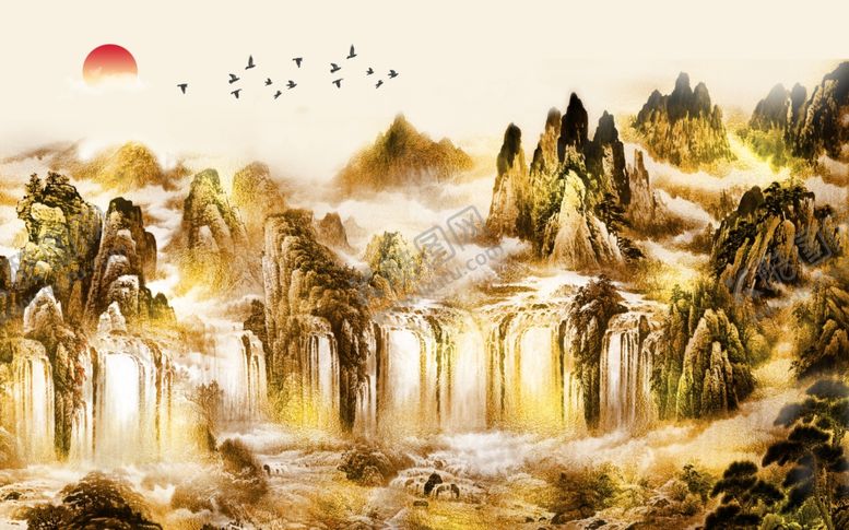 编号：85247209111201597366【酷图网】源文件下载-新中式金箔山水风景意境背景墙