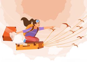 创意乘坐旅行箱飞行的女子