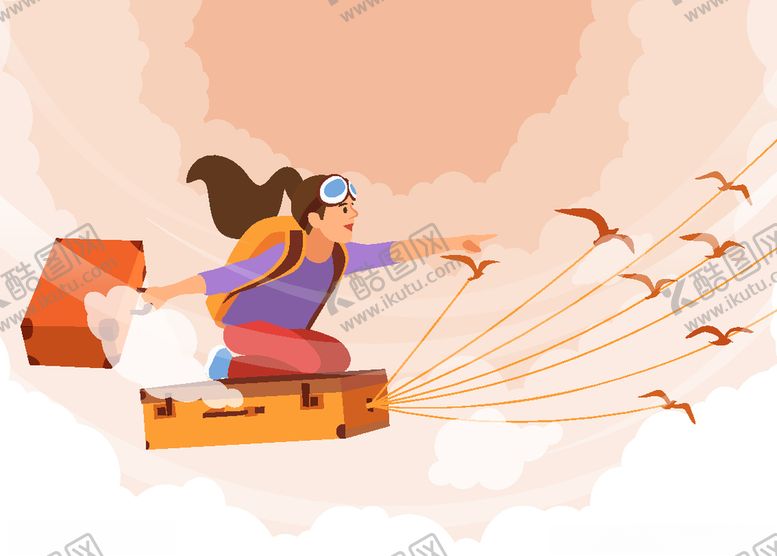 创意乘坐旅行箱飞行的女子梦想天空云朵AI格式