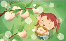 摘桃子的女孩矢量图