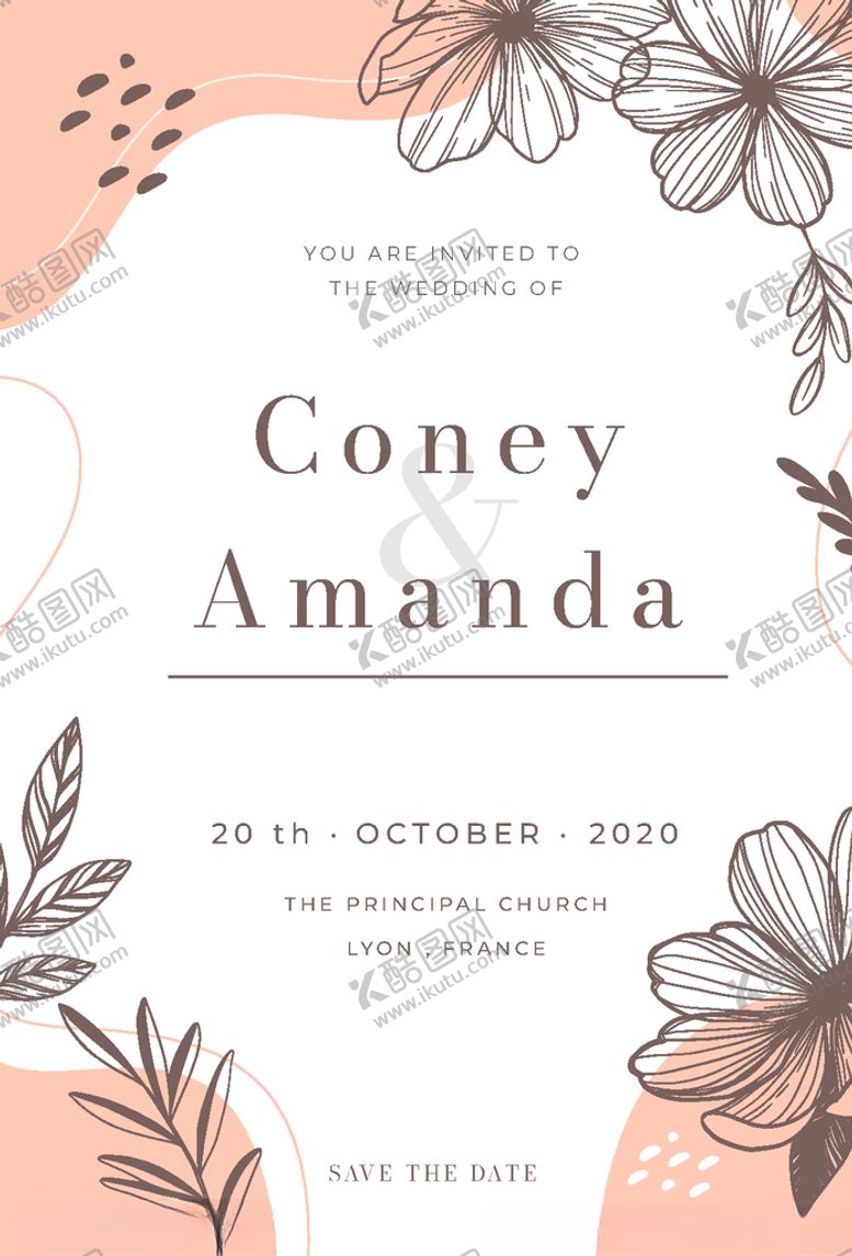 编号：48902010301511377675【酷图网】源文件下载-线描花卉装饰婚礼请柬