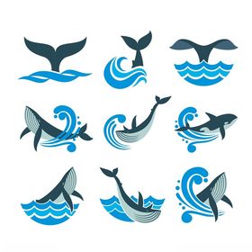海洋生物与海浪图标集合