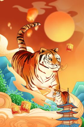 虎年插画海报新春展板2022背景国潮风