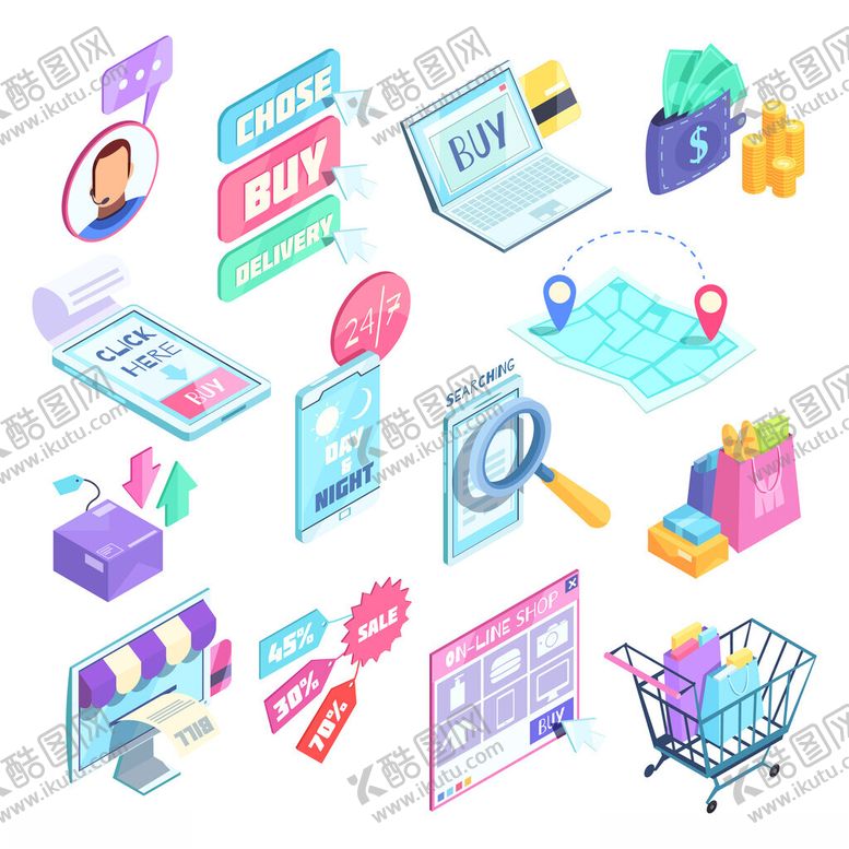 编号：30336612221847451563【酷图网】源文件下载-多彩电商购物相关图标集合