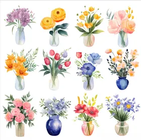 多彩花瓶插花水彩插画