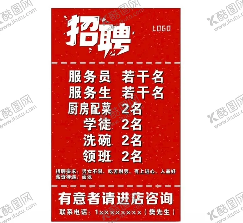编号：47791203292228429096【酷图网】源文件下载-饭店招聘展架