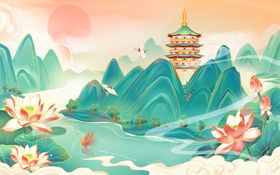 国潮风背景插图手绘元素