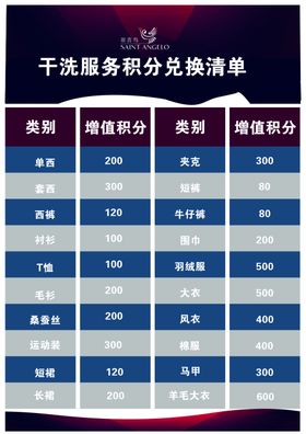 干洗积分兑换清单